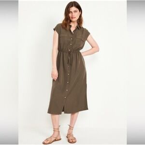 Old Navy Maxi Shirtdress Women XXL Tall Olive Green Button Front Utility Earthy